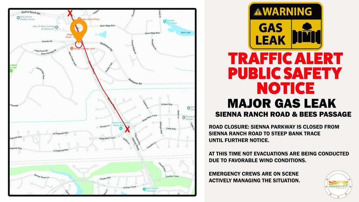 Traffic: Missouri City gas leak closes portion of Sienna Parkway