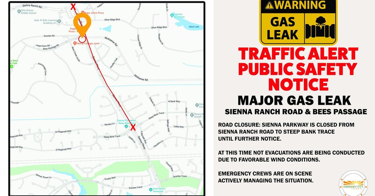 Traffic: Missouri City gas leak closes portion of Sienna Parkway