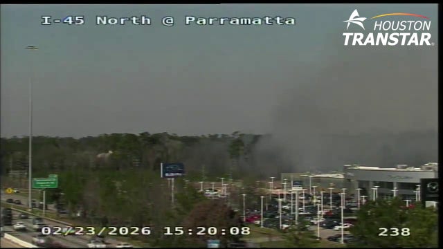 Fire burns in trees near I-45, Cypress Preserve in north Harris County