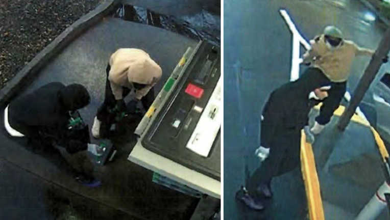 Two men wanted in connection with ATM robberies in Washington state are seen in these surveillance camera images taken from court documents.