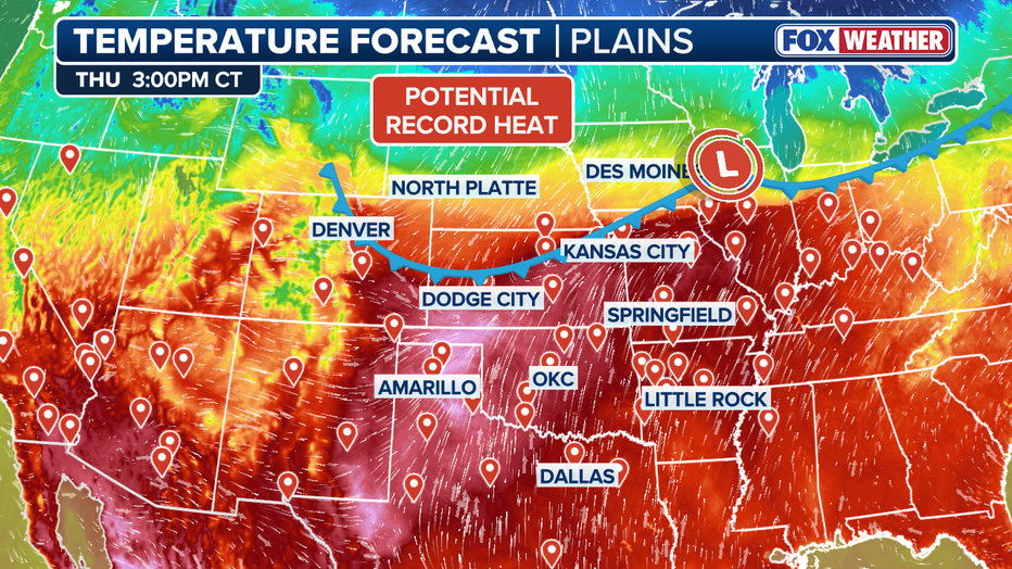 The expected position of the cold front as of 3 p.m. March 26, 2026, shows the contrast in temperatures.