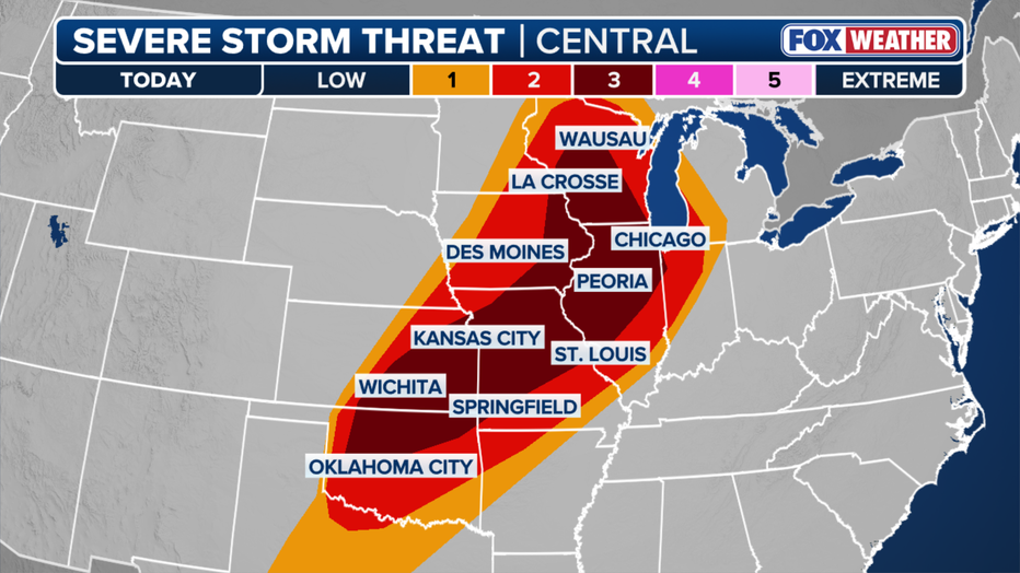 The severe weather risk across the central U.S. on April 17, 2026.