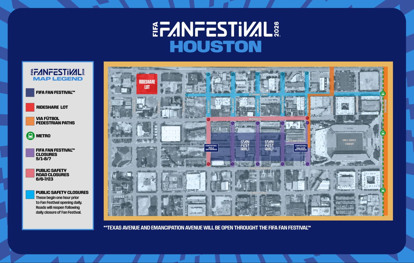 FIFA Fan Festival Houston: Road closures in East Downtown, map