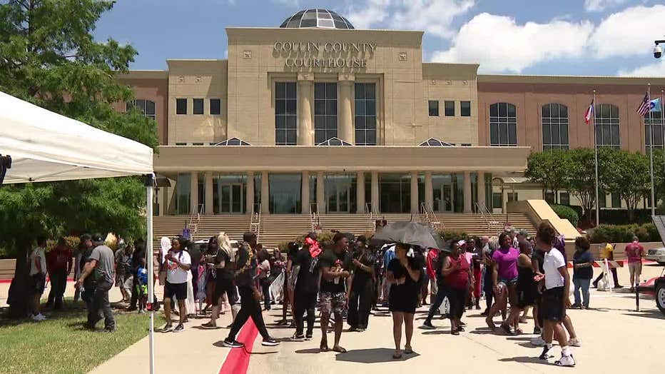 A crowd gathered in front of the Collin County courthouse house ahead of the Karmelo Anthony verdict June 9, 2026.