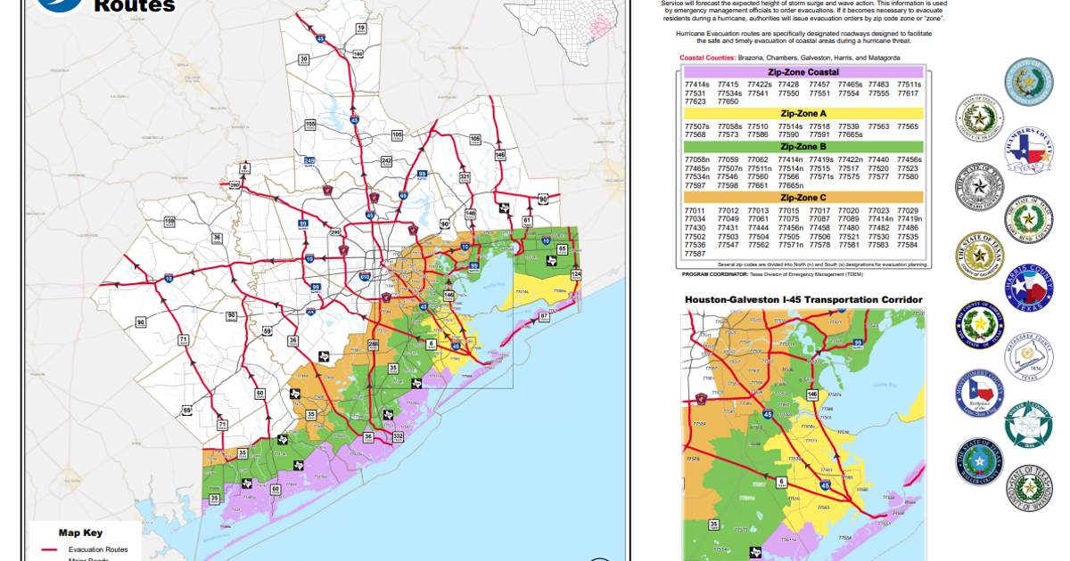 Map: Houston-area evacuation zones and routes