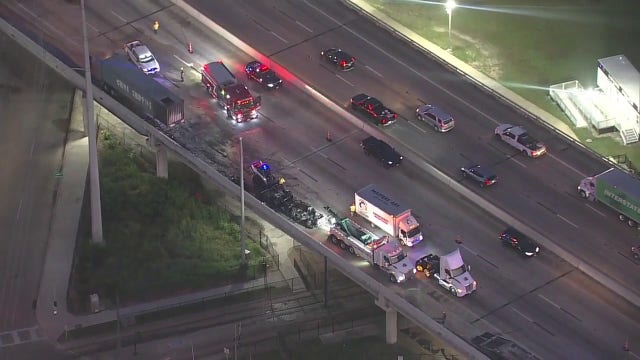 Tractor-trailer catches fire on Highway 59 northbound at Fannin Street