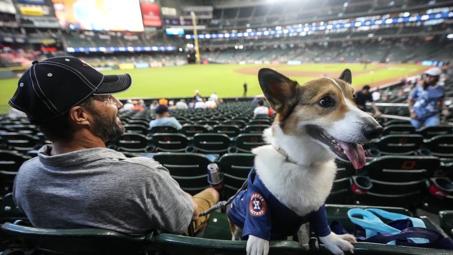 Chad Kulcak sits with his dog, Carl, on Dog Day at the ballpark before a Major League Baseball game between the Houston Astros and Athletics at Daikin Park in Houston, Sunday, Aug. 23, 2026.