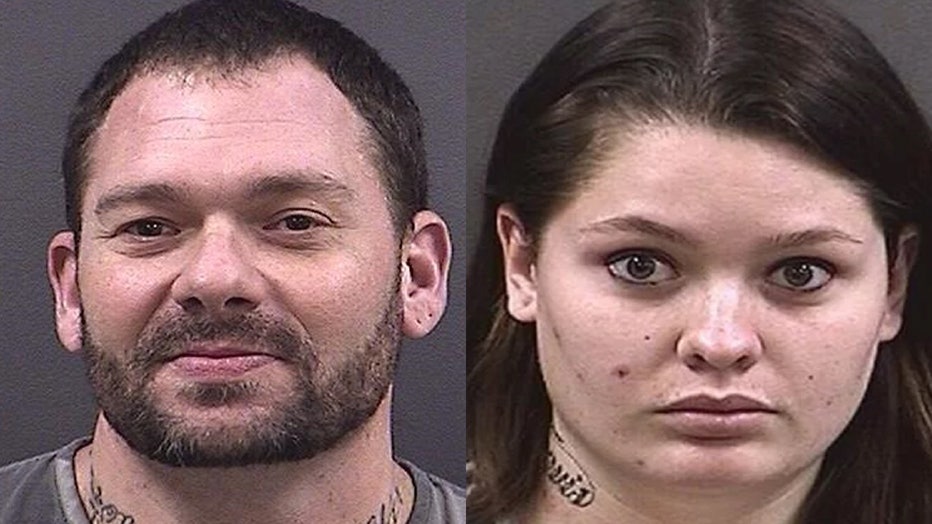 Travis Fieldgrove and Samantha Kershner are pictured in police mugshots.