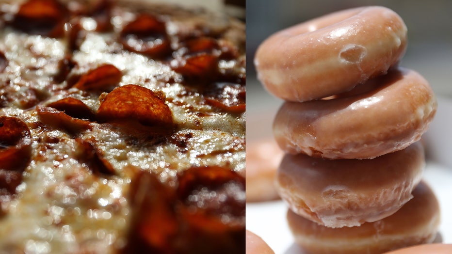 File photos show pepperoni pizza and stacked glazed donuts.