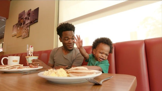 Father and baby whose 'conversation' went viral star in adorable Denny's commercial