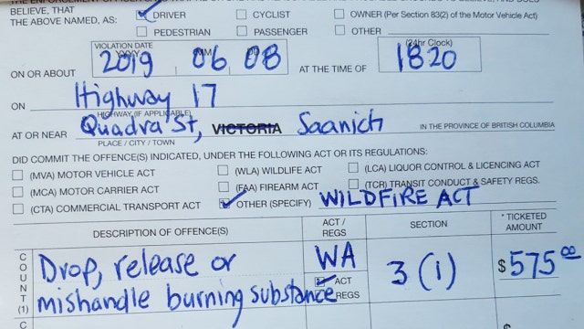 Canadian police chief hands out $575 ticket to driver who threw lit cigarette out of car