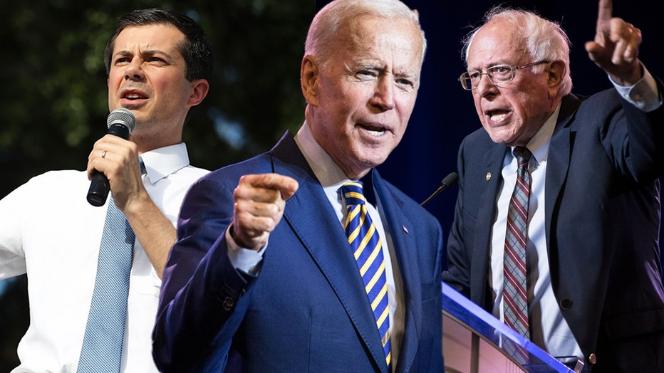 Presidential hopefuls Steve Buttigieg, Joe Biden, and Bernie Sanders.