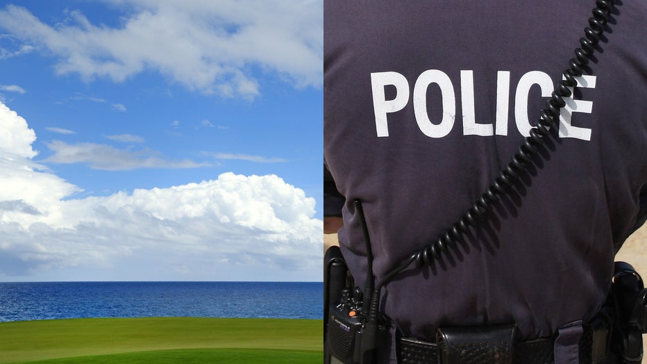 A file photo of a golf course in Punta Cana is shown, alongside a file image of a police officer. (Photo credit: Mike Ehrmann and James Green/Getty Images)