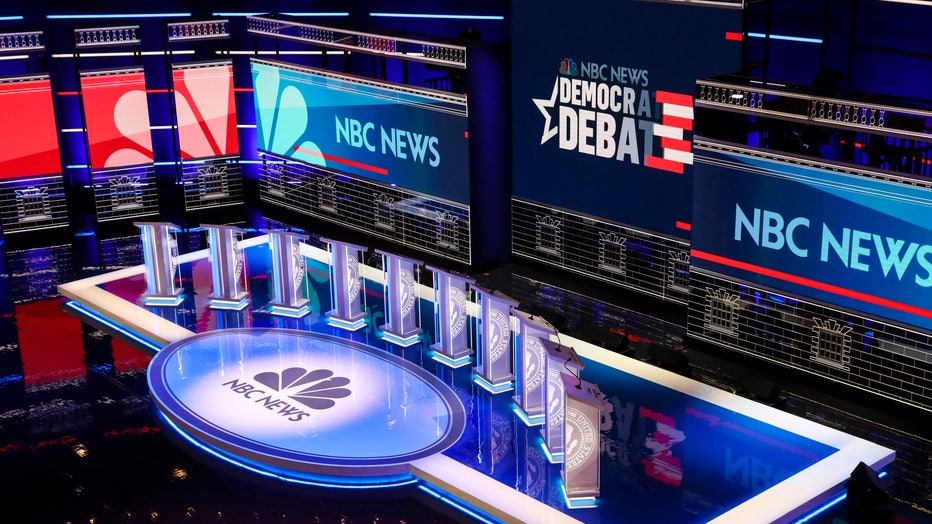 The stage is set for the first Democratic presidential primary debate for the 2020 election at the Adrienne Arsht Center for the Performing Arts, June 26, 2019 in Miami, Florida.  (Photo by Drew Angerer/Getty Images)