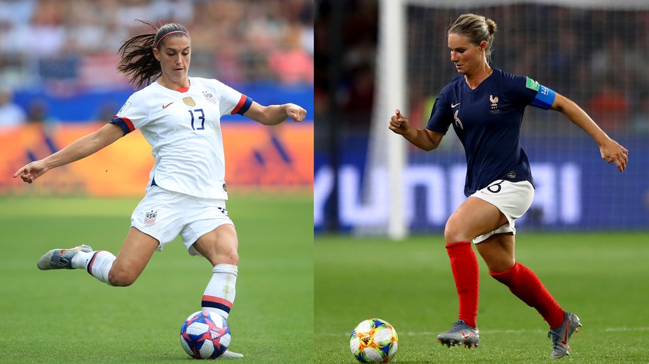 Alex Morgan of USA is shown during the 2019 FIFA Women's World Cup France Round Of 16 match, alongside an image of Amandine Henry of France running with the ball during the France group A match. (Photos by Marc Atkins/Getty Images)