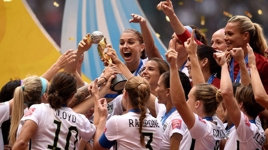 The United States celebrates after winning the FIFA Women's World Cup Canada 2015 5-2 against Japan at BC Place Stadium on July 5, 2015 in Vancouver, Canada. 