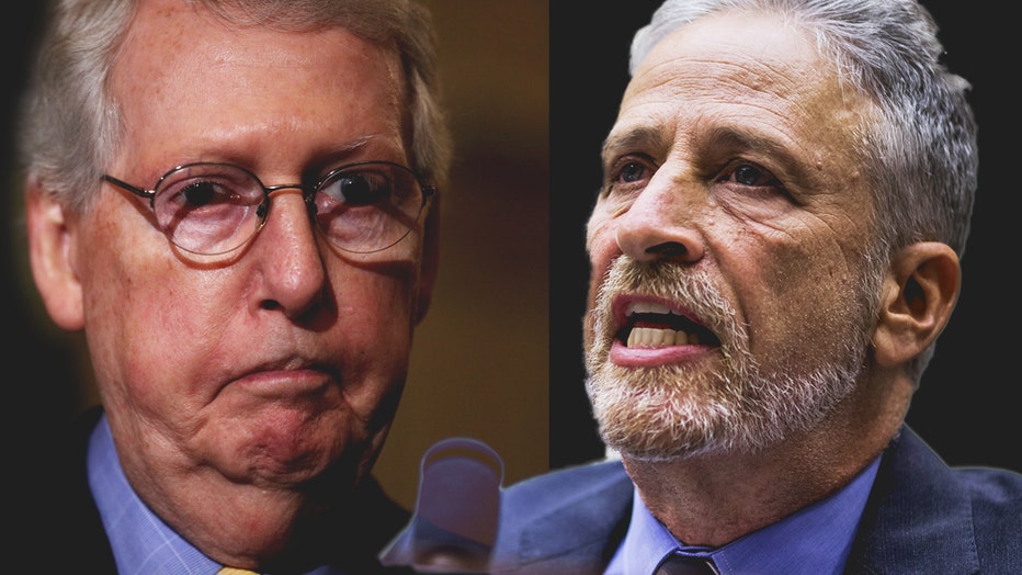 Left: Mitch McConnell speaks during a news briefing in Washington, DC. Right: Jon Stewart testifies during a House Judiciary Committee hearing on reauthorization of the September 11th Victim Compensation Fund.