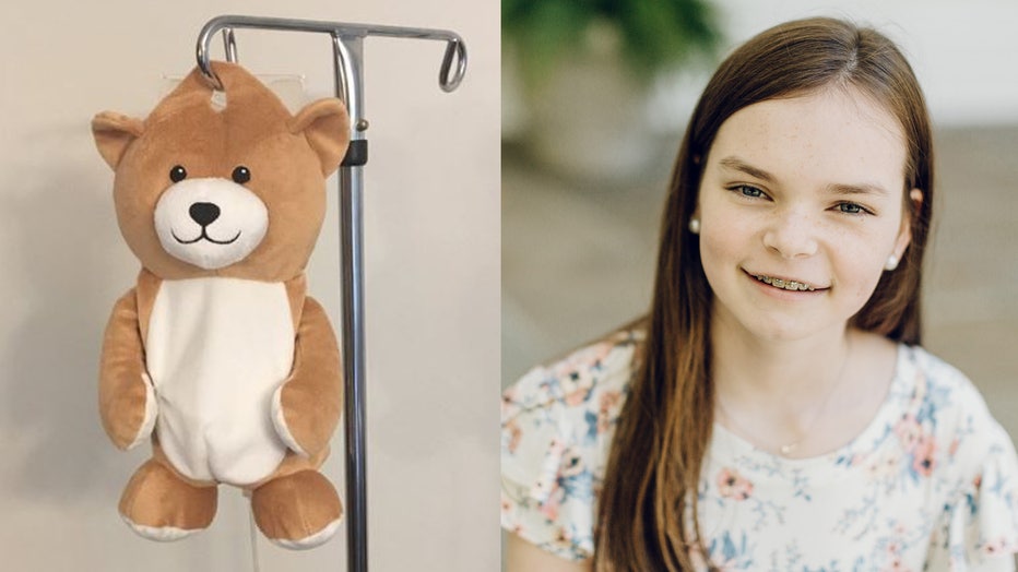 The Medi Teddy, a stuffed animal pouch that hides a young patient's IV bag, pictured alongside 12-year-old Ella Casano. (Photo credit: Medi Teddy and Laura Barr Photography / www.laurabarrphotography)