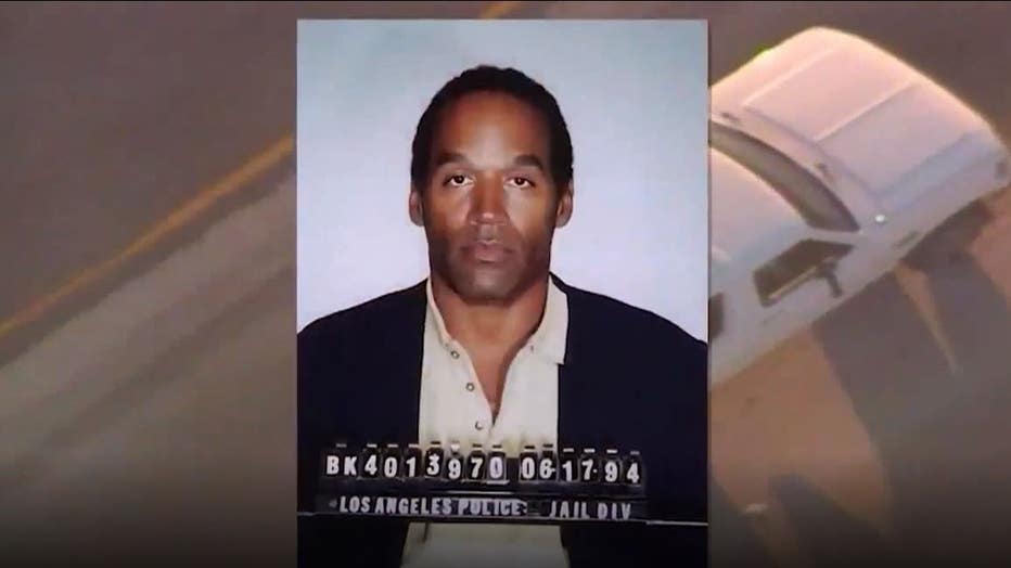 A mugshot of O.J. Simpson is aired over live footage of Ford Bronco pursuit that captivated the nation on June 17, 2004.