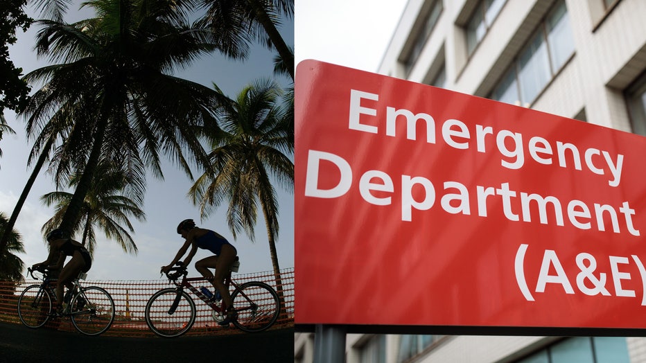 Triathlon competitors pass under palm trees in this 2003 file photo, alongside a file image of an emergency department sign.