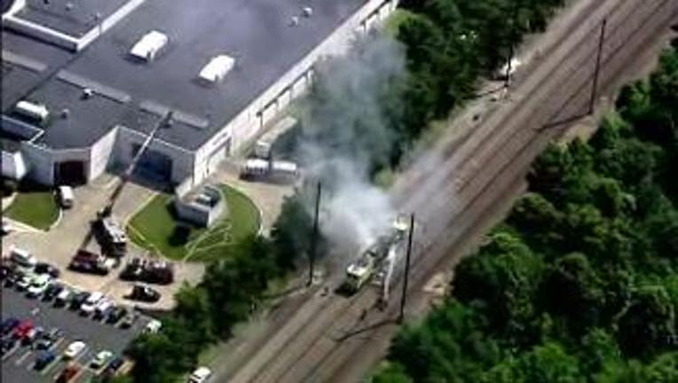 Skyfox over train fire near Hamilton Station.