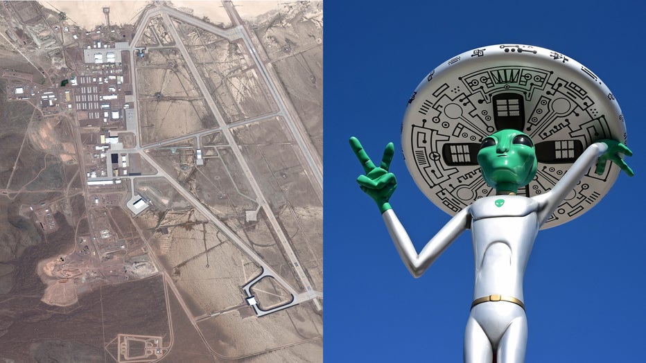 The U.S. Air Force facility commonly known as Area 51 is shown in a satellite image, alongside an alien sculpture in Baker, California, also known as the “Gateway to Area 51.” (Photo credit: DigitalGlobe and FREDERIC J. BROWN/AFP/Getty Images).