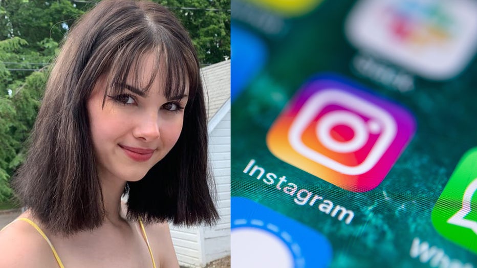 Bianca Devins is pictured in an undated photo provided by family, alongside the Instagram app displayed on the screen of a cell phone. (Photo credit: Provided by Williams-Devins Family and Fabian Sommer/picture alliance via Getty Images)