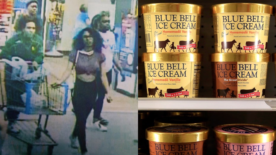 A woman matching the description of the suspect in the viral video is seen on surveillance video at a Walmart store in Lufkin, Texas, alongside a file image of Blue Bell Ice Cream. (Photo credit: Lufkin Police Dept. & Jamie Squire/Getty Images)
