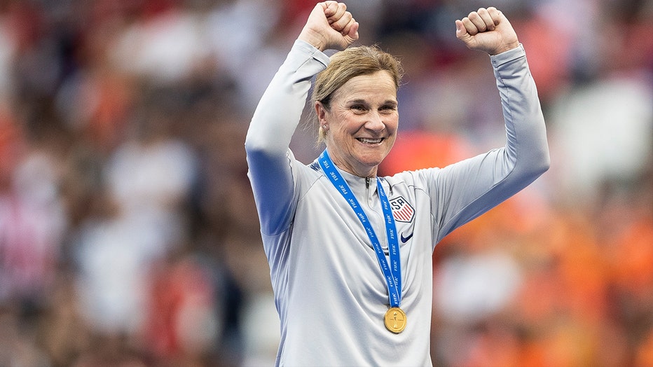 Jill Ellis, Head Coach of USA celebrates following the USWNT victory in the 2019 FIFA Women's World Cup Final match against The Netherlands at Stade de Lyon on July 07, 2019 in Lyon, France.