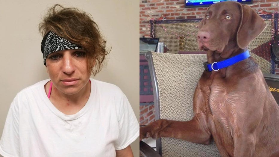 Leslie Aguillard, 30, is pictured in a booking photo, alongside a provided photo of “Roleaux,” the victim’s Labrador Weimaraner mix left inside the stolen truck. (Photo credit: East Baton Rouge Sheriff’s Office)