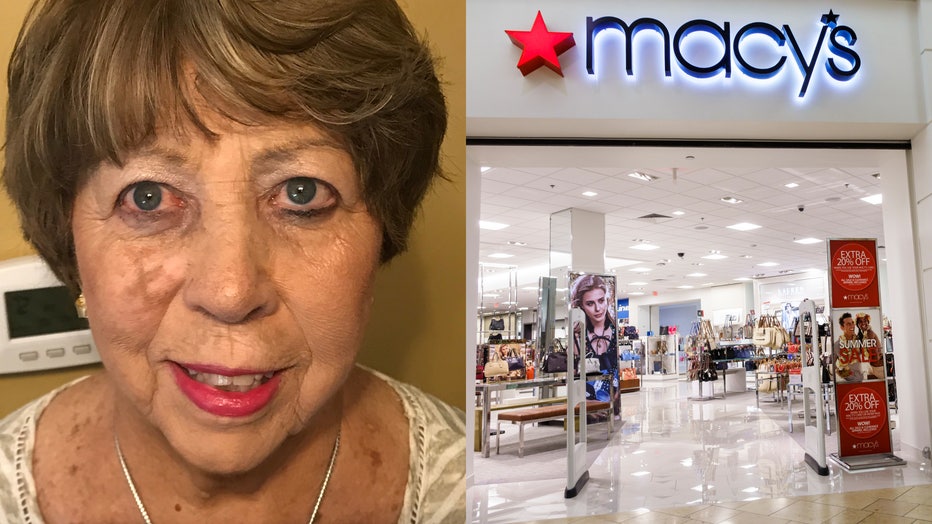 An image dated June 26, 2019 shows the “X” mark on Judith Pleunik’s right cheek, alongside a file image of a Macy’s storefront. (Photo credit: Provided / Jeffrey Greenberg/Universal Images Group via Getty Images)