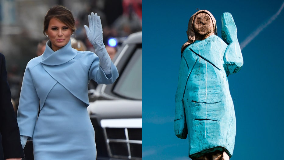 First lady Melania Trump walks the inaugural parade route on Jan. 20, 2017, alongside a picture taken July 5, 2019 showing the statue in fields near town of Sevnica. (Photo credit: JIM WATSON/AFP/Getty Images and JURE MAKOVEC/AFP/Getty Images)