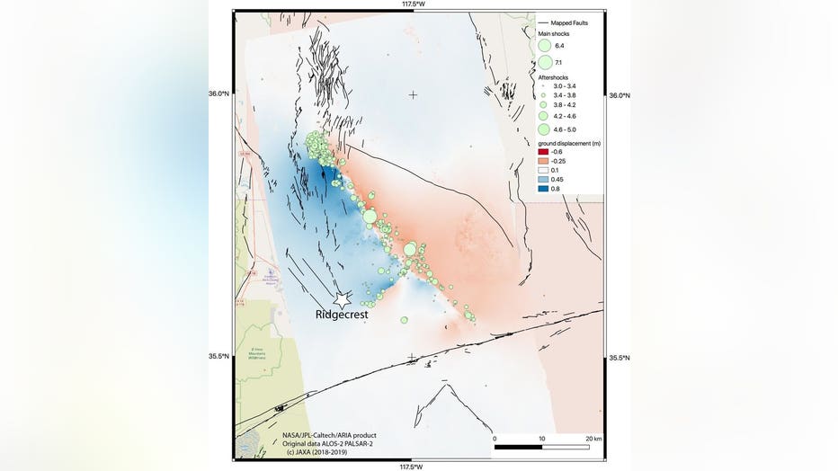 The blue tones show that the ground west of the main fault rupture, which runs from the lower right to the upper left, moved toward the northwest by as much as 2.7 feet during the 7.1-magnitude quake. (Photo credit: NASA/JPL-Caltech)