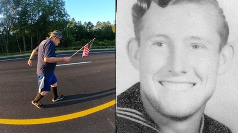 Ernie Andrus, 95, is pictured during his journey from Georgia to California, alongside an image of Andrus while serving as a Navy corpsman in World War II. (Photo credit: John Martin / Ernie Andrus)