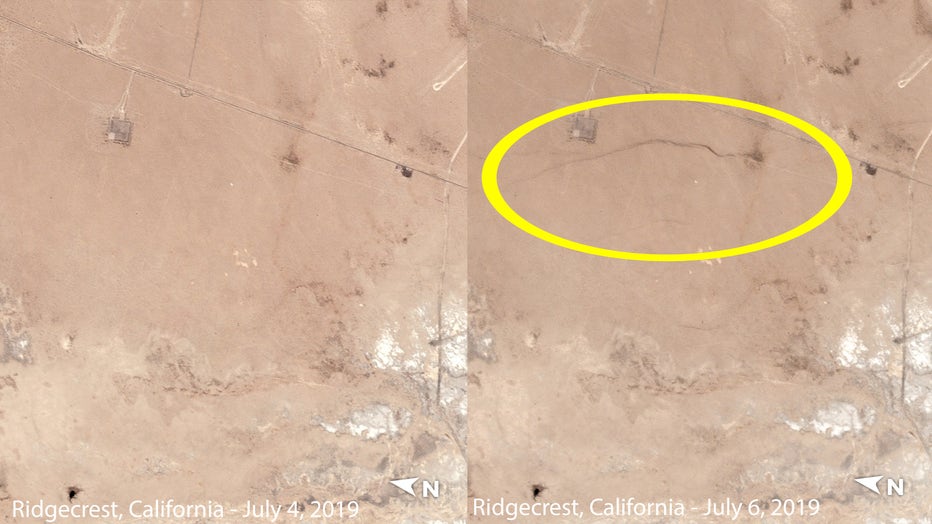 Satellite images show the Ridgecrest area before the recent 7.1 earthquake struck and after, showing surface rupture in the area. (Photo credit: Planet Labs Inc.)