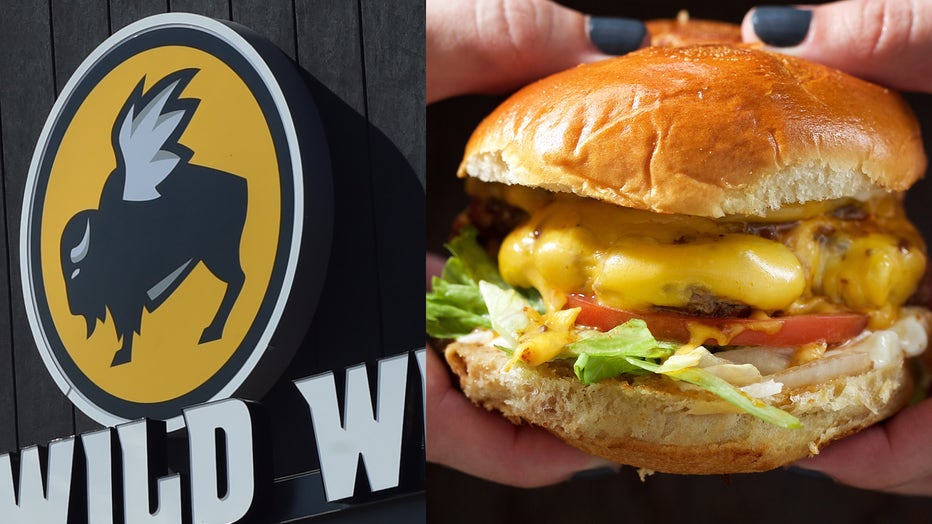 The exterior of a Buffalo Wild Wings restaurant is shown in a file photo, alongside a file photo of a cheeseburger. (Photo by Rick Diamond/Getty Images for Buffalo Wild Wings and Deb Lindsey For The Washington Post via Getty Images)