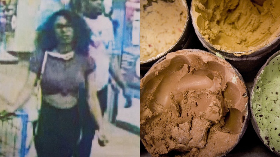 A female matching the description of the suspect in a viral video is seen on surveillance at a Walmart store in Lufkin, Texas, alongside a file image showing tubs of ice cream. (Photo credit: Lufkin Police Dept. & David Paul Morris/Getty Images)