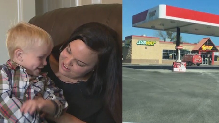 Brooke Johns is pictured with her son, alongside an image of the gas station where the incident took place. (Photo credit: Provided / WRDW)