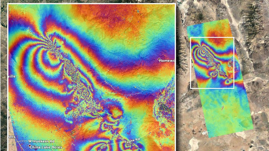 NASA's Advanced Rapid Imaging and Analysis team created this map, which shows surface displacement caused by the recent major earthquakes in Southern California on July 4 and July 5, 2019. (Photo credit: NASA/JPL-Caltech)