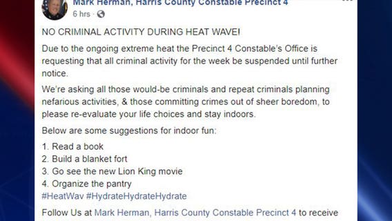 Law enforcement office requests no criminal activity during heat wave: ‘Stay indoors'