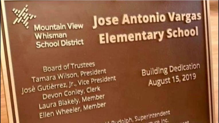 A plaque at the new Jose Antonio Vargas Elementary school in the Mountain View Whisman School District.