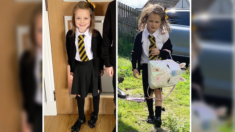 One adorably frazzled picture taken after a five-year-old girl’s first day back at school has gone massively viral on Facebook, though her mother is still mystified as to how the youngster got so messy in the first place.