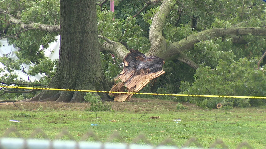 Lightning strikes a tree, which falls on a tent with people inside at Bucks County swim club.