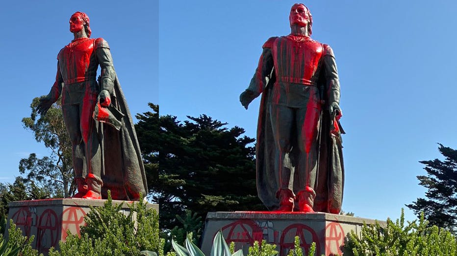 A Columbus statue is seen covered in red paint near Coit Tower in San Francisco on Oct. 13, 2019. (Photo credit: KTVU)