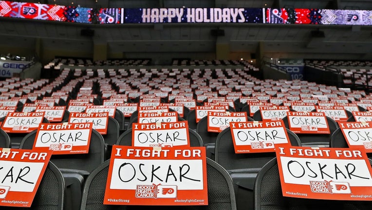 Signs in support of Oskar Lindblom of the Philadelphia Flyers, who was recently diagnosed with Ewing sarcoma.