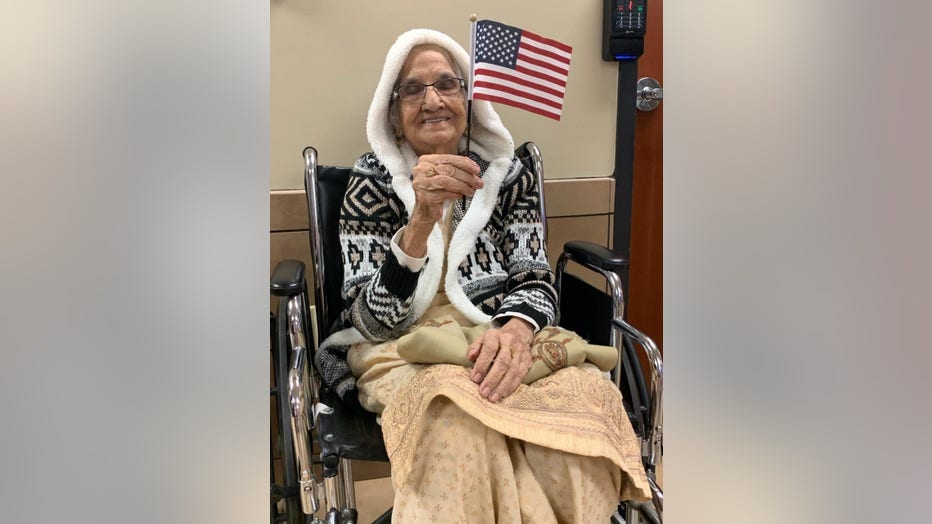 Lawrenceville resident Saraswati Devi, 100, celebrates becoming a U.S. citizen.