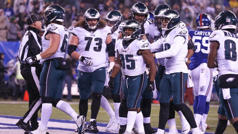 Philadelphia Eagles running back Boston Scott celebrates after scoring against the New York Giants.