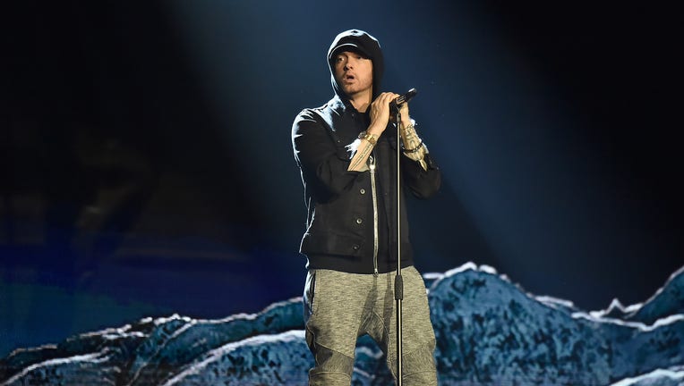 LONDON, ENGLAND - NOVEMBER 12: Eminem performs on stage during the MTV EMAs 2017 held at The SSE Arena, Wembley on November 12, 2017 in London, England. (Photo by Kevin Mazur/WireImage)