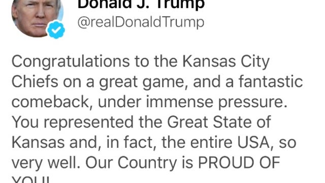 Trump congratulates Kansas City Chiefs of "the Great State of Kansas" in since-deleted Tweet