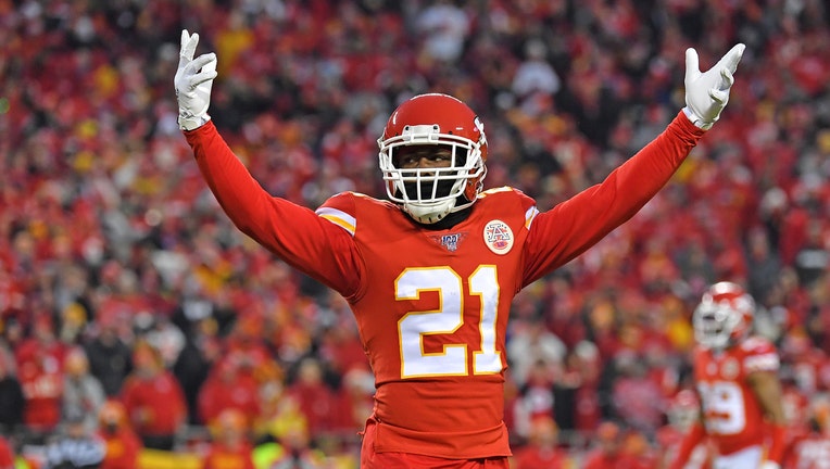 KANSAS CITY, MISSOURI - JANUARY 12: Defensive back Bashaud Breeland #21 of the Kansas City Chiefs celebrates in the second half during the AFC Divisional playoff game against the Houston Texans at Arrowhead Stadium on January 12, 2020 in Kansas City, Missouri. (Photo by Peter G. Aiken/Getty Images)